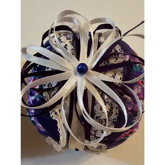 Two Quilted Christmas Ball Ornaments Handmade Purple Victorian Look - Picture 5 of 10